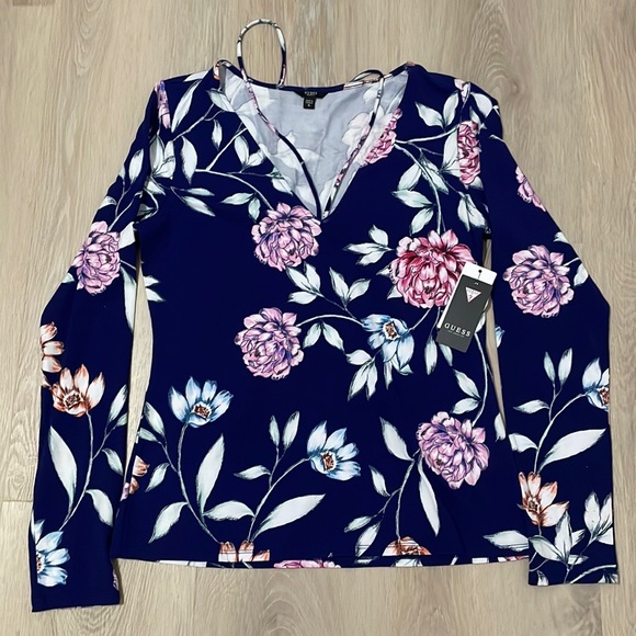 GUESS Blue Floral Long Sleeve Top - Picture 7 of 7